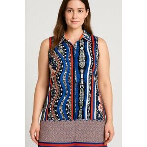 Boho Mely New York Top red/blue/black button up dress/blouse SZ M geometric